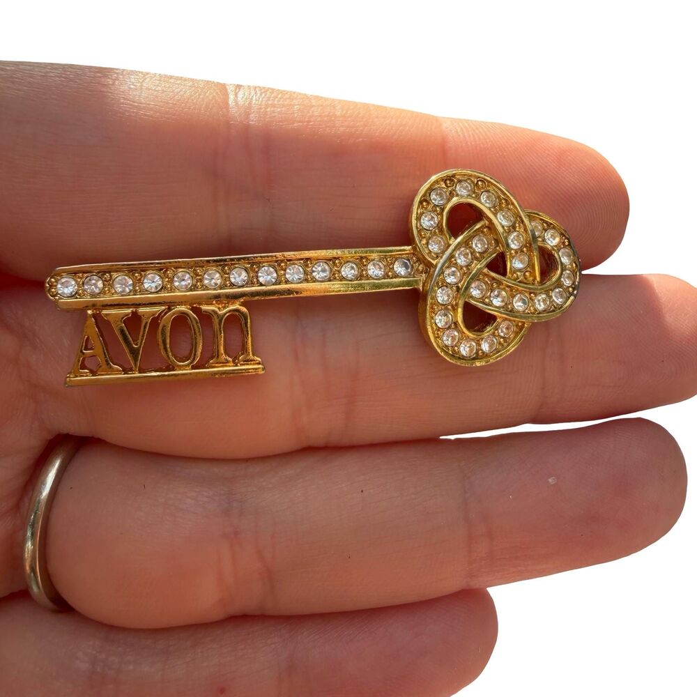 Vintage Gold Tone Clear Rhinestone Avon Skeleton Key Brooch Pin